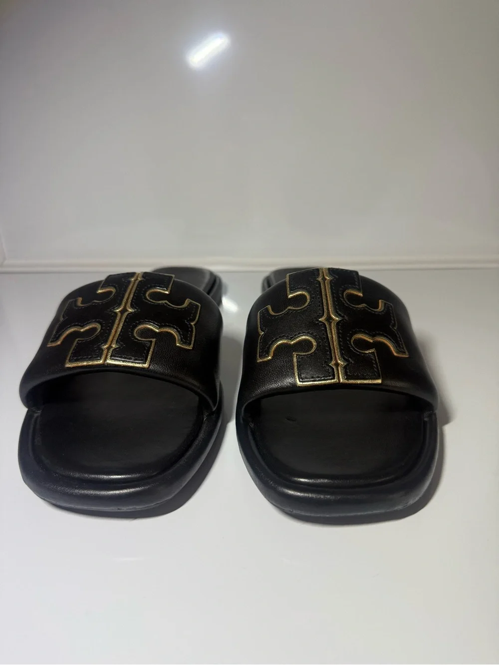Tory Burch Black Leather Slide Mules with Gold Logo Embellishment size 9